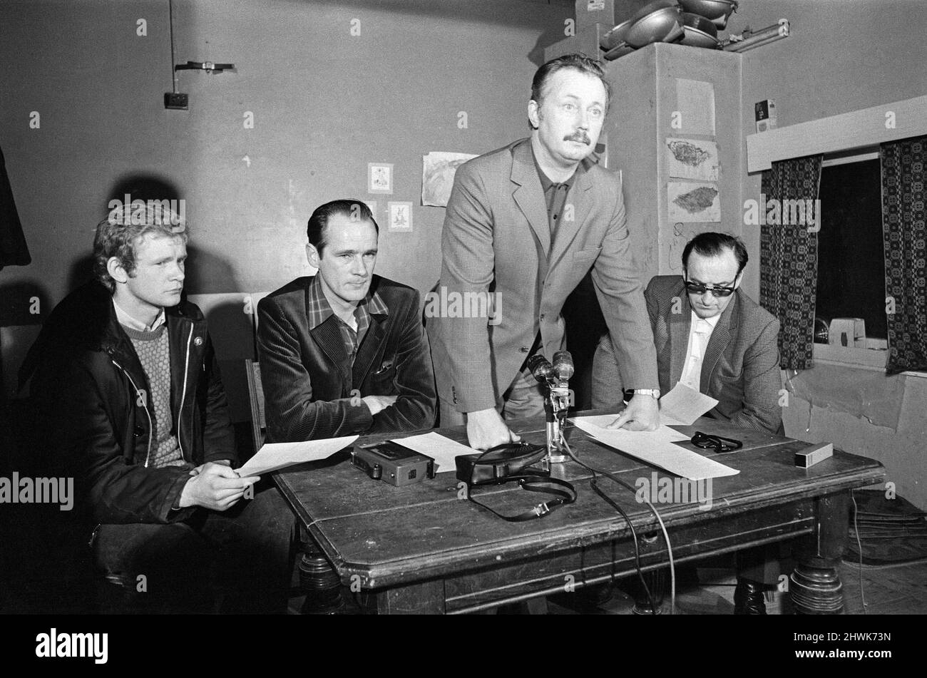 IRA Provisionals press conference. Left to right, Martin McGuinness, the officer in charge of the Provisional IRA in Londonderry, David O'Connell, tactician officer of the IRA Provisionals, Sean MacStiofain, the IRA Provisionals Chief of staff and Seamus Twomey, officer in charge of the IRA Provisionals in Belfast. 1st June 1972. Stock Photo
