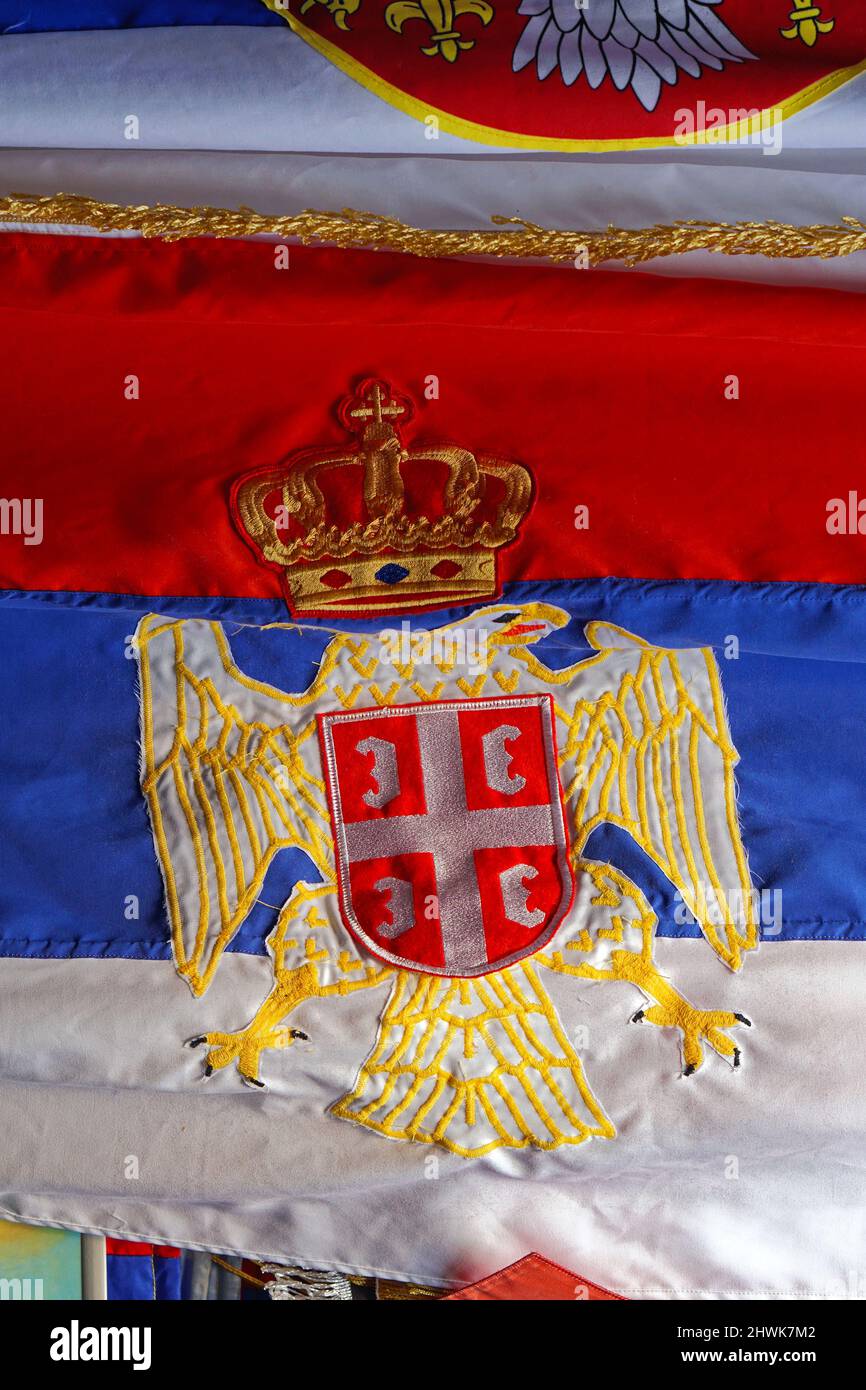 Serbian souvenir flag with crown and eagle coat of arms Stock Photo Alamy