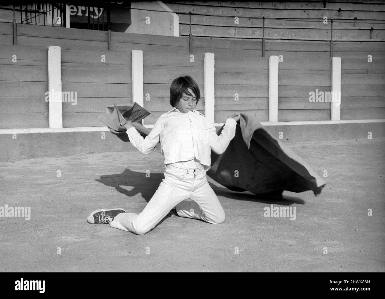 Ten-year-old Mike Faweett learning to be a bullfighter. January 1972 72-00001-003 Stock Photo