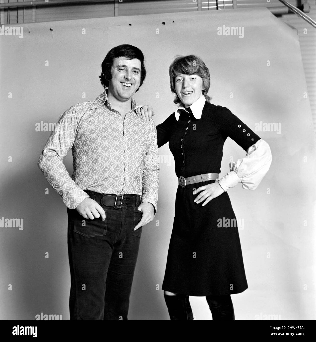 Terry Wogan new compere for BBC TV's Come Dancing with co-host &  tv presenter Isla St Clair pictured in Sunday Mirror studio December 1972. *** Local Caption *** DJDisc Jockey Stock Photo