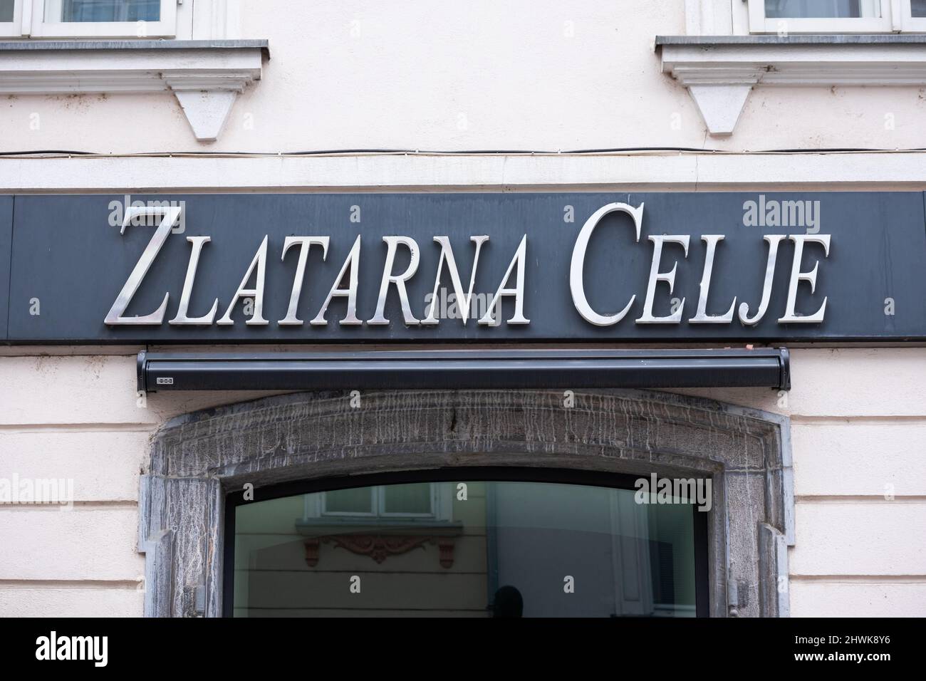 Slovenia, Ljubljana - March 6 2022: Zlatarna Celje logo on building. Stock Photo