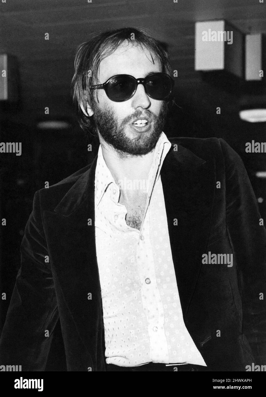 Maurice Gibb of the Bee Gees pop group leaves for Ibiza. Heathrow Airport. April 1973. Stock Photo