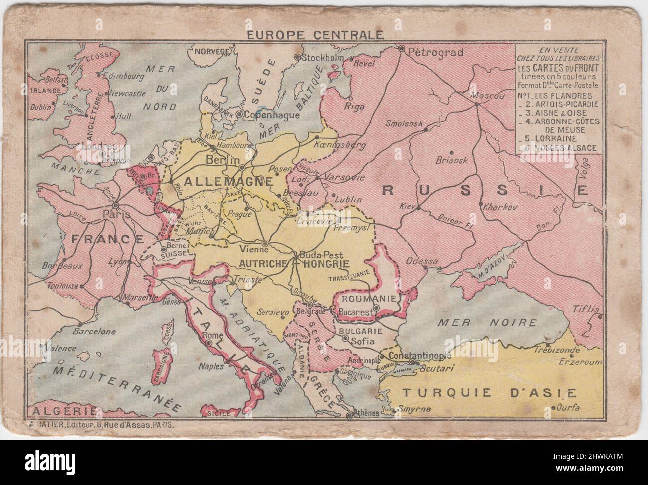 Europe Centrale / Central Europe: First World War map showing the borders of combatant countries. The map was included on the front of a French Army letter card Stock Photo