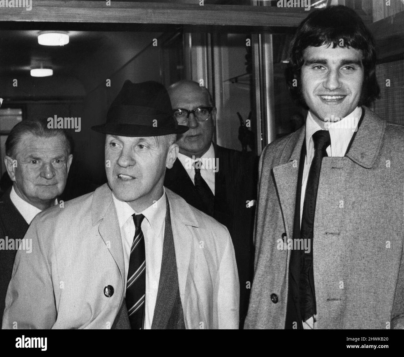 Larry Lloyd Liverpool centre half with Liverpool manager Bill Shankly, pictured leaving FA disciplinary hearing at Lancaster Gate in London November 1972. Stock Photo