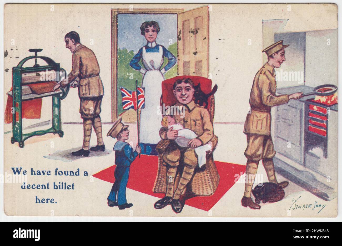 'We have found a decent billet here': cartoon showing three soldiers billeted in a house. One is using a mangle to do the laundry; another is sitting in a chair, looking after a baby, a small boy waving a Union Jack and a kitten; and the third is cooking dinner on the stove with a curled up cat by his feet. A woman in an apron is looking on approvingly from an open door Stock Photo