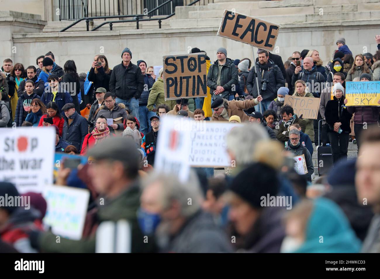 London, UK. 6th Mar, 2022. Protestors show support for Ukraine at the anti-Putin Stop the War demonstration in Trafalgar Square in London Credit: Paul Brown/Alamy Live News Stock Photo