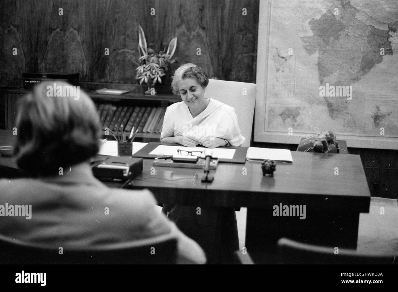 Indira Gandhi, Prime Minister of India, photographed in her office in the Indian Parliament in New Delhi.4th July 1971. Stock Photo