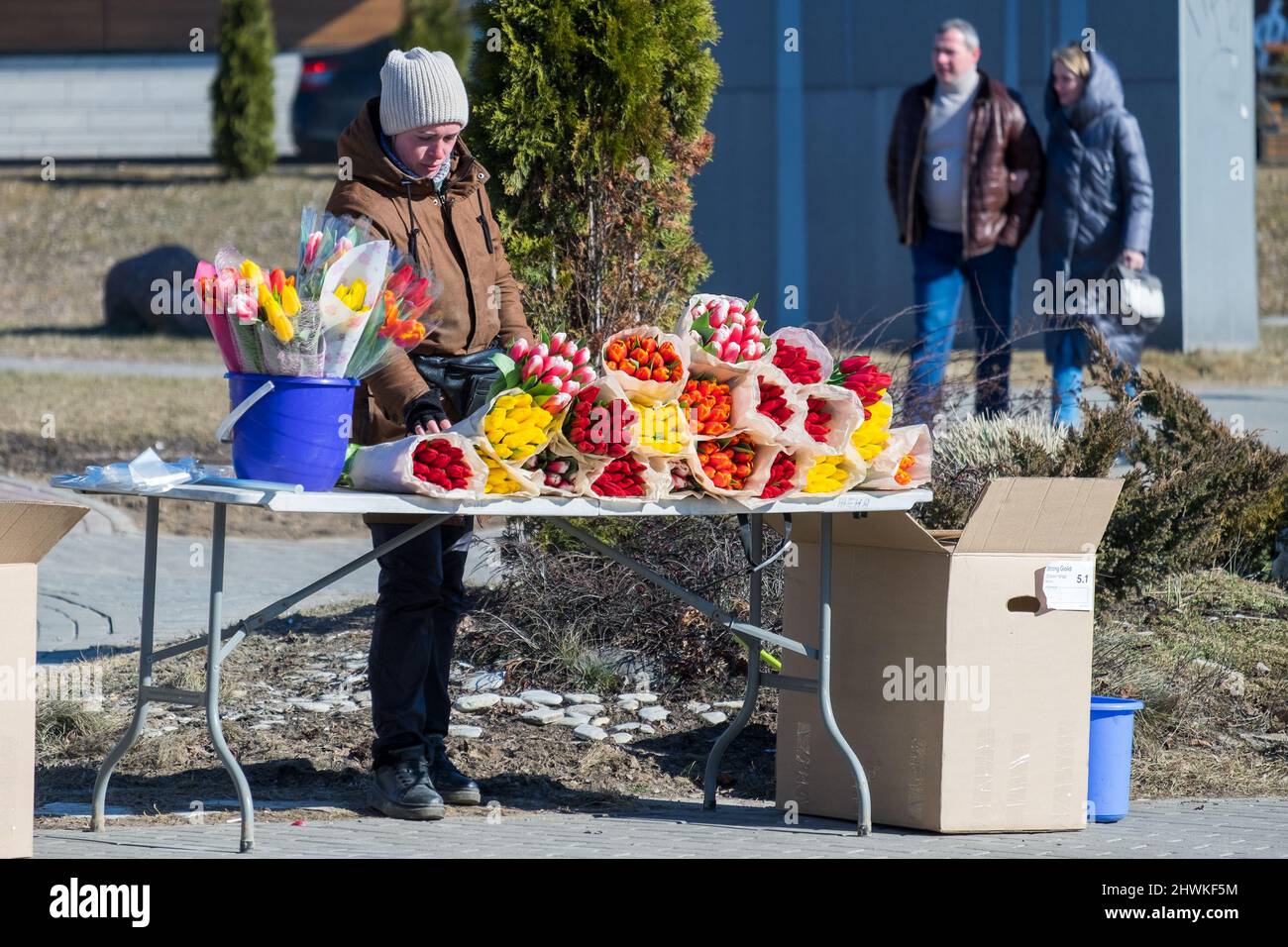 MINSK, BELARUS - MARCH 05, 2022: A woman sells flowers (tulips) on the street. The International Women's Day holiday is March 8. Stock Photo