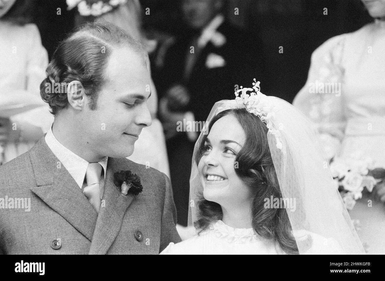 Wedding of Julie Parker and Timothy Buxton, at the Church of the Immaculate Conception, Farm Street, London, 14th June 1972. Our Picture Shows ... bride and groom. Julie Parker 22 is the daughter of Commander Michael Parker, a friend and former Private Secretary to Prince Philip, The Duke of Edinburgh, who is the god father of Julie Parker.   Timothy Buxton is the son of naturalist and television executive Aubrey Buxton, Baron Buxton of Alsa, and an old friend of Prince Philip. Stock Photo