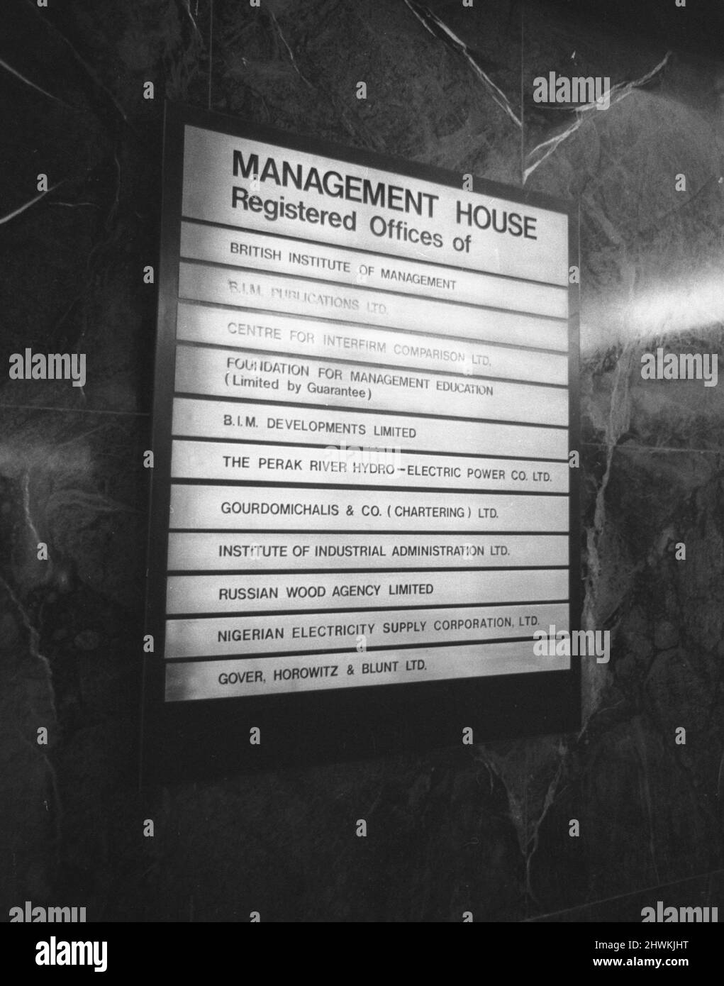 List of companies residing at Management House in Parker Street, London WC2, where the Russian Wood Agency have offices on the 9th & 10th Floors September 1971.   A number of Soviet citizens who work at the agency were asked to leave (declared 'persona non grata' as the new Tory administration under Edward Heath decided to get tough over concerns on the scale of Soviet intelligence activity in Britain.     In total 105 Soviet citizens known or suspected to be involved in intelligence activity were expelled in 1971. Stock Photo