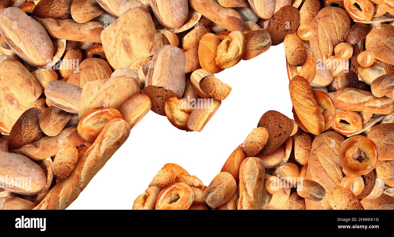 Rising bread and wheat food cost and grocery prices surging costs of baked goods and groceries as an inflation financial crisis concept. Stock Photo