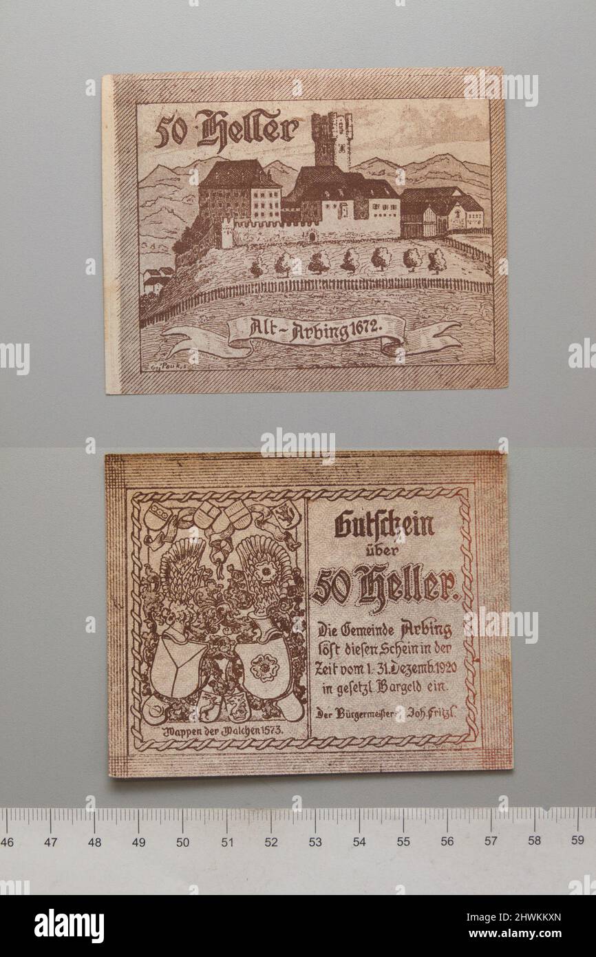 50 Heller from Arbing, Notgeld.  Mint: Arbing Stock Photo