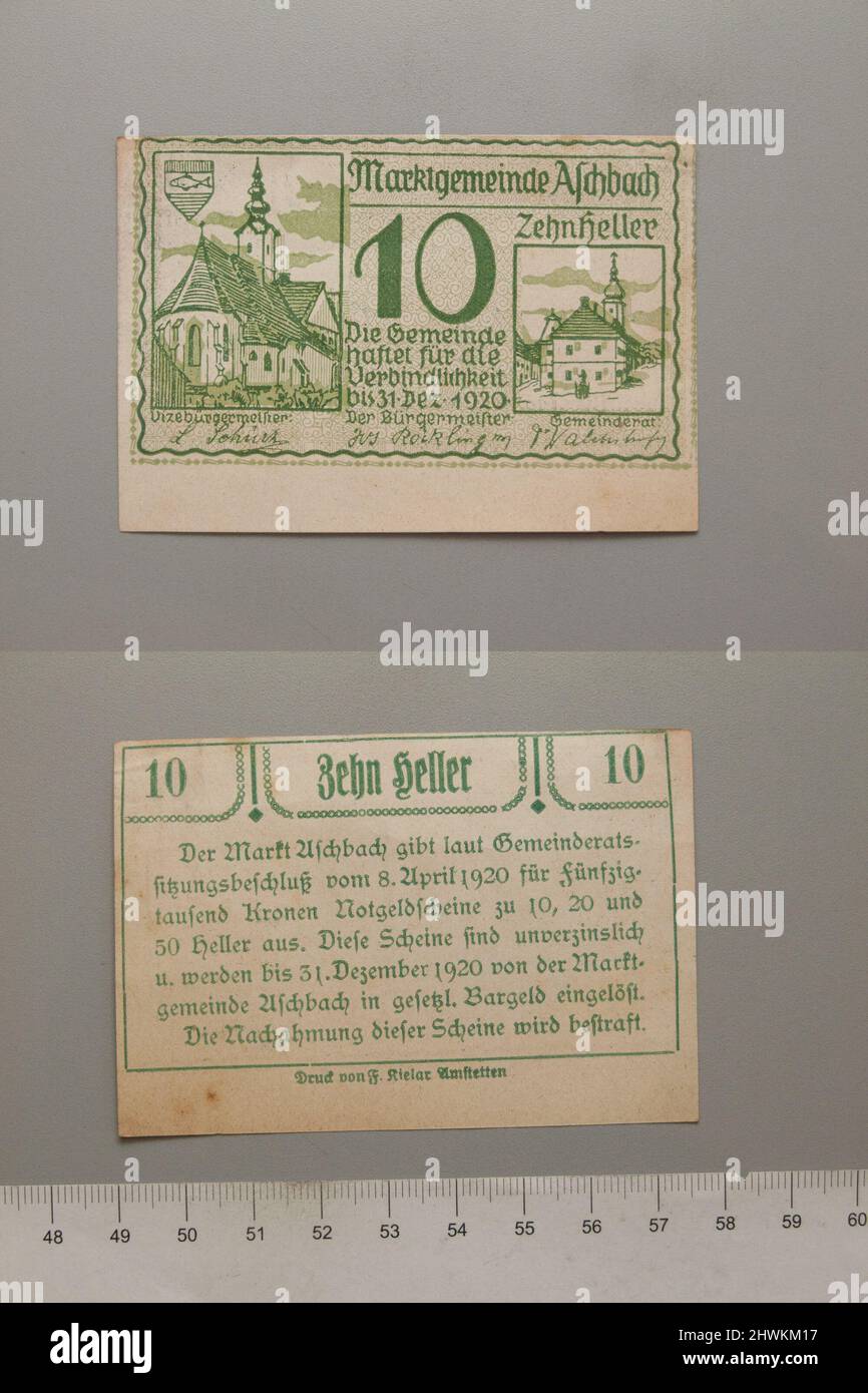 10 Heller from Aschbach, Notgeld.  Mint: Aschbach Stock Photo