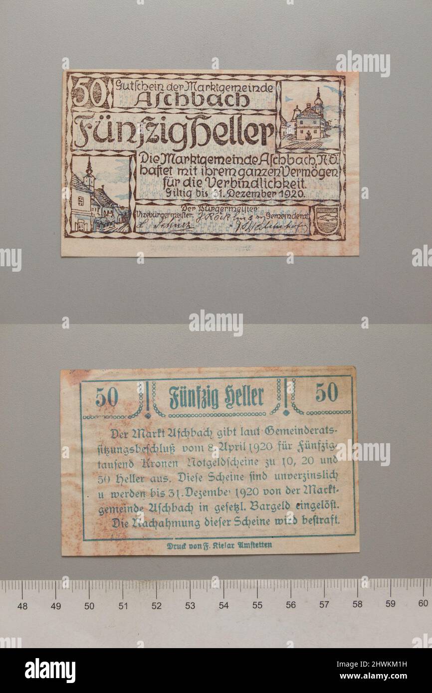 50 Heller from Aschbach, Notgeld.  Mint: Aschbach Stock Photo