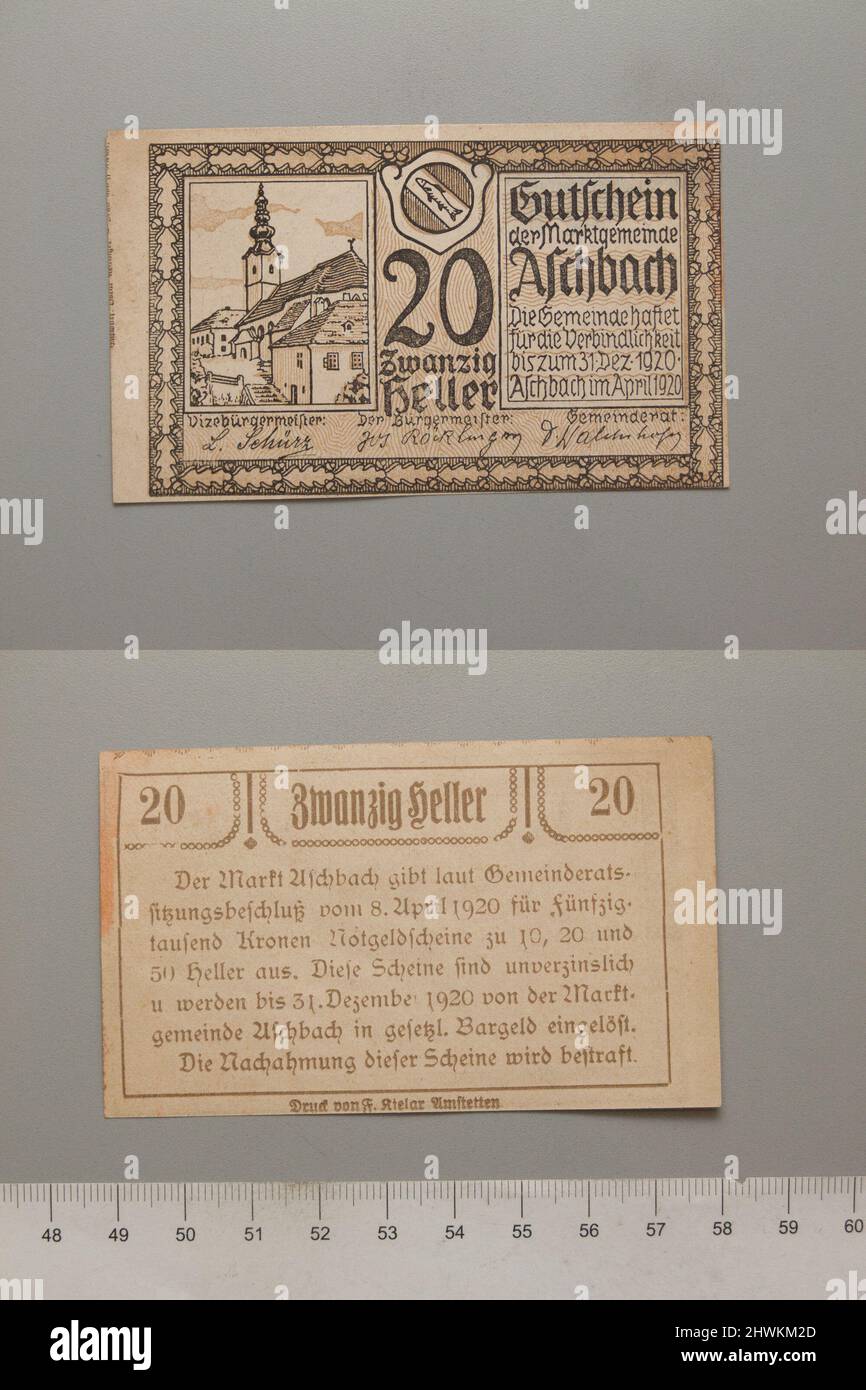 20 Heller from Aschbach, Notgeld.  Mint: Aschbach Stock Photo