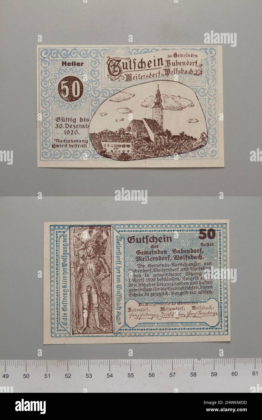 50 Heller from Bubendorf, Notgeld.  Mint: Bubendorf Stock Photo