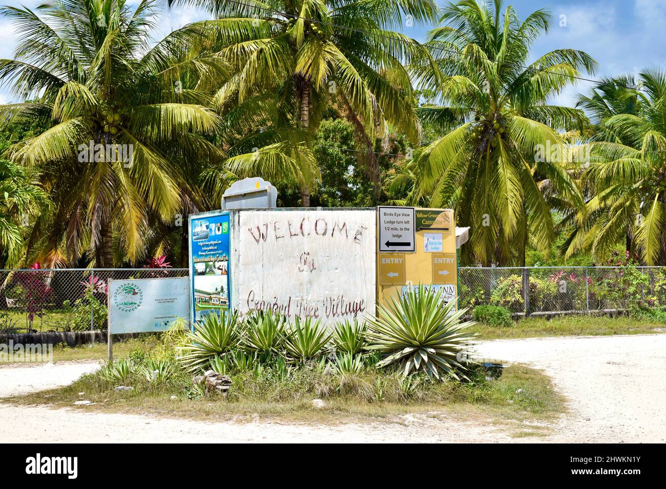 The welcome sign in Crooked Tree village, Belize District, Belize. Stock Photo