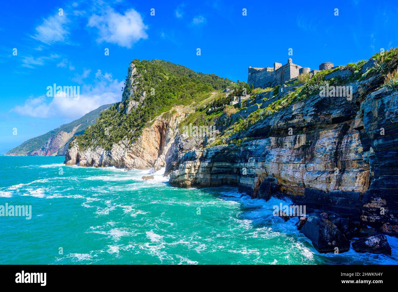 View from Grotta di Lord Byron to beautiful coast scenery - travel destination of Porto Venere, Province of La Spezia - Italy Stock Photo