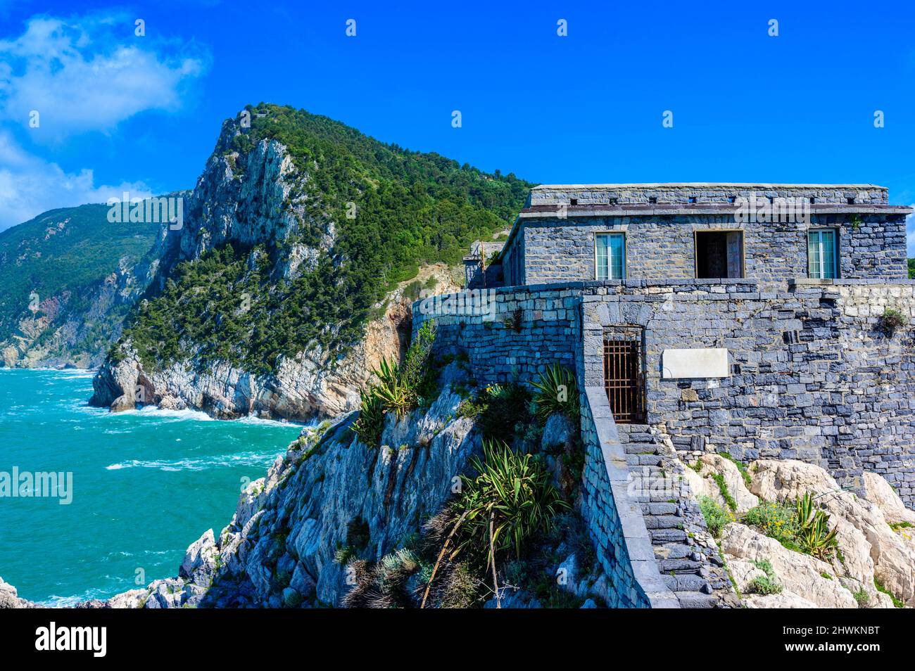 View from Grotta di Lord Byron to beautiful coast scenery - travel destination of Porto Venere, Province of La Spezia - Italy Stock Photo