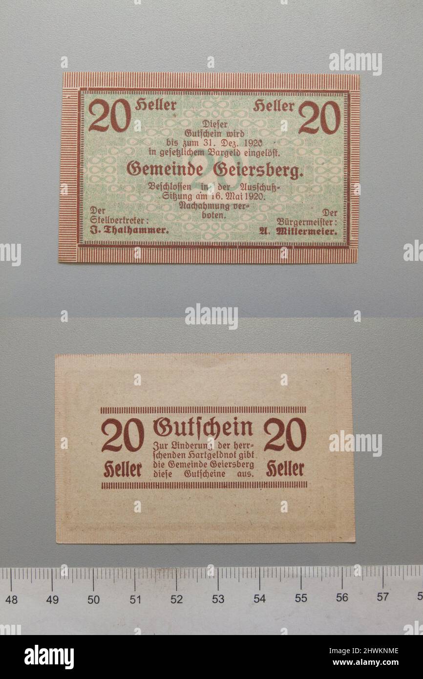 20 Heller from Geiersberg, Notgeld.  Mint: Geiersberg Stock Photo