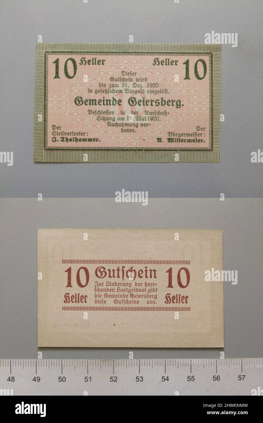 10 Heller from Geiersberg, Notgeld.  Mint: Geiersberg Stock Photo