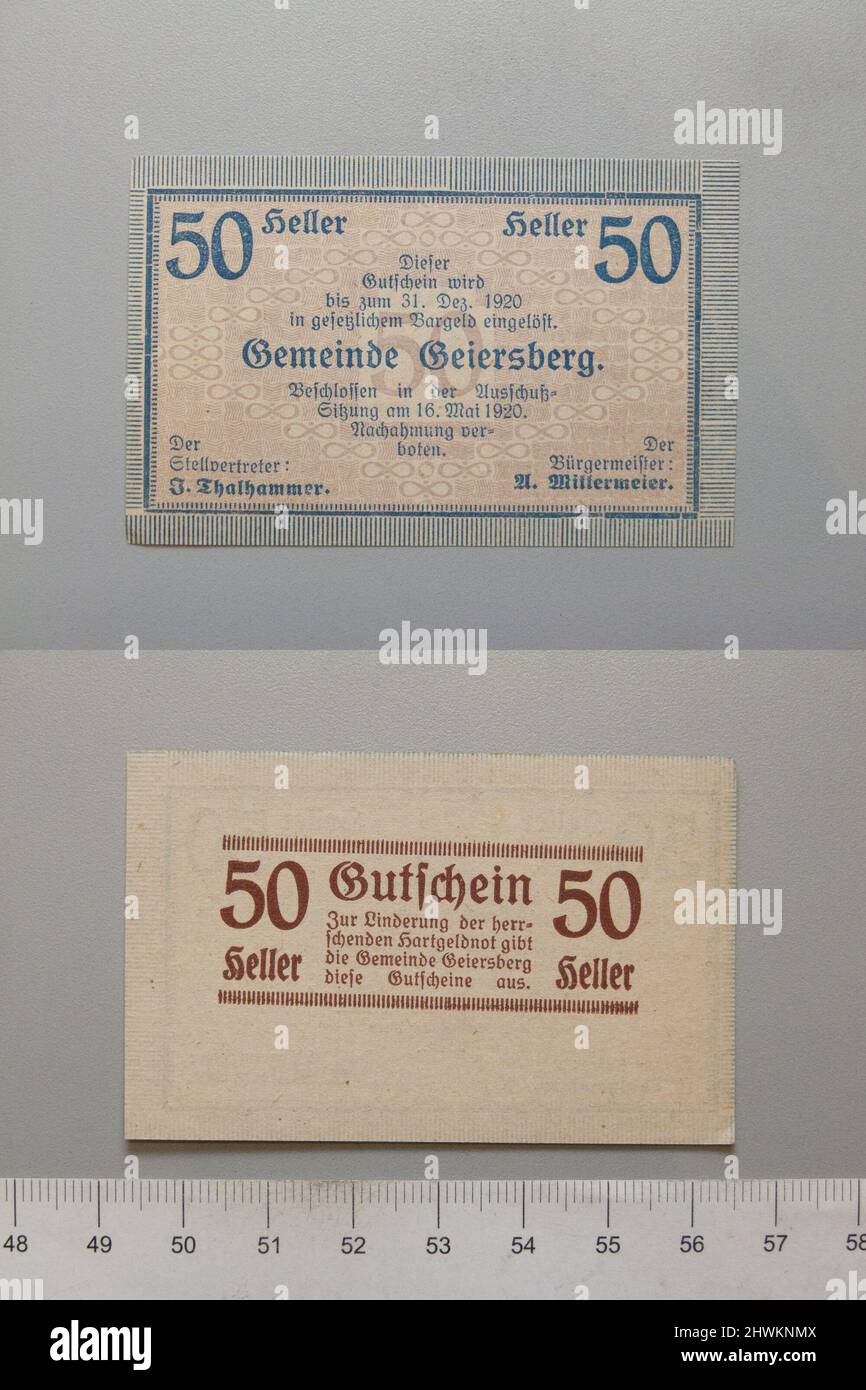 50 Heller from Geiersberg, Notgeld.  Mint: Geiersberg Stock Photo