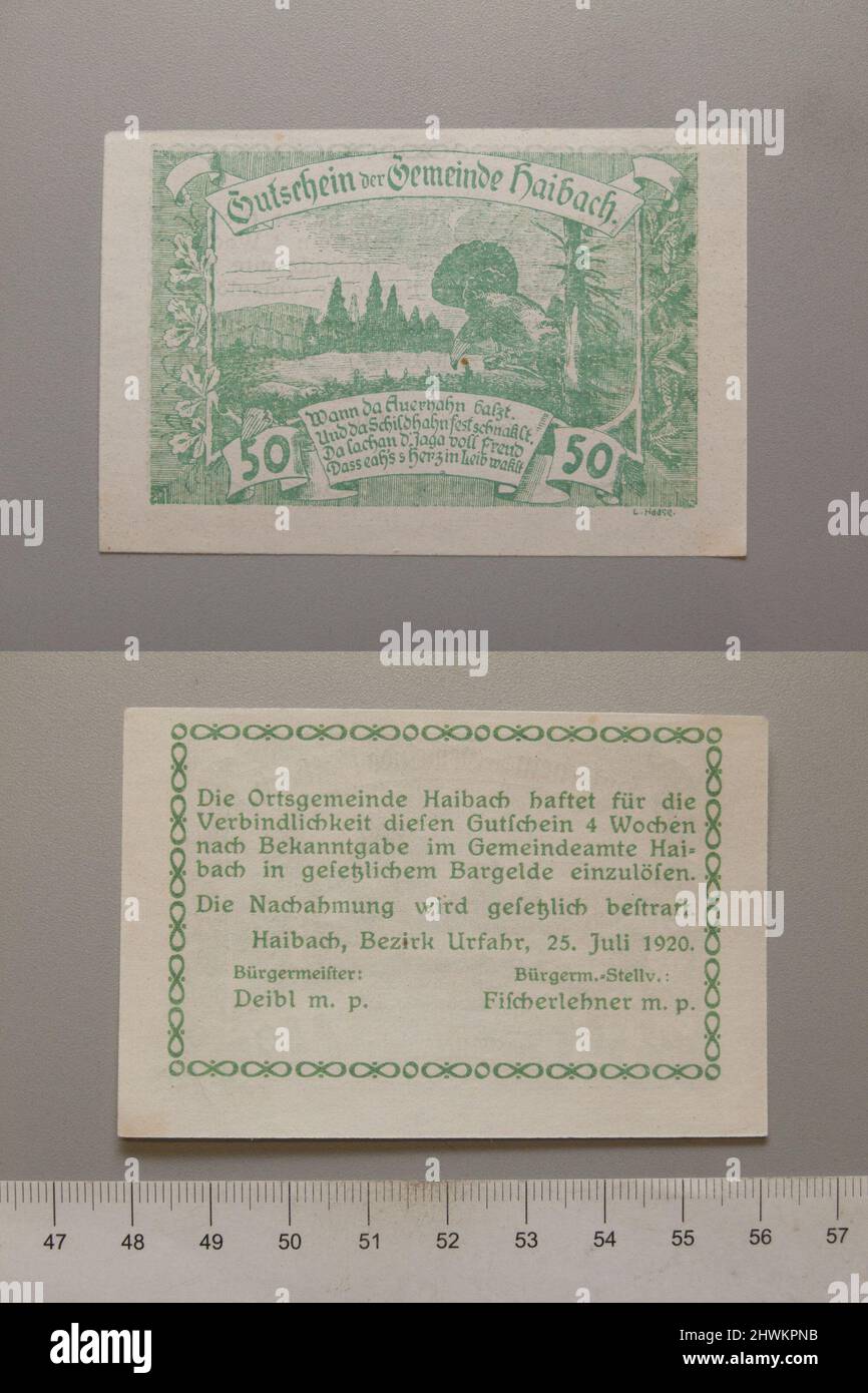 50 Heller from Haibach, Notgeld.  Mint: Haibach Stock Photo