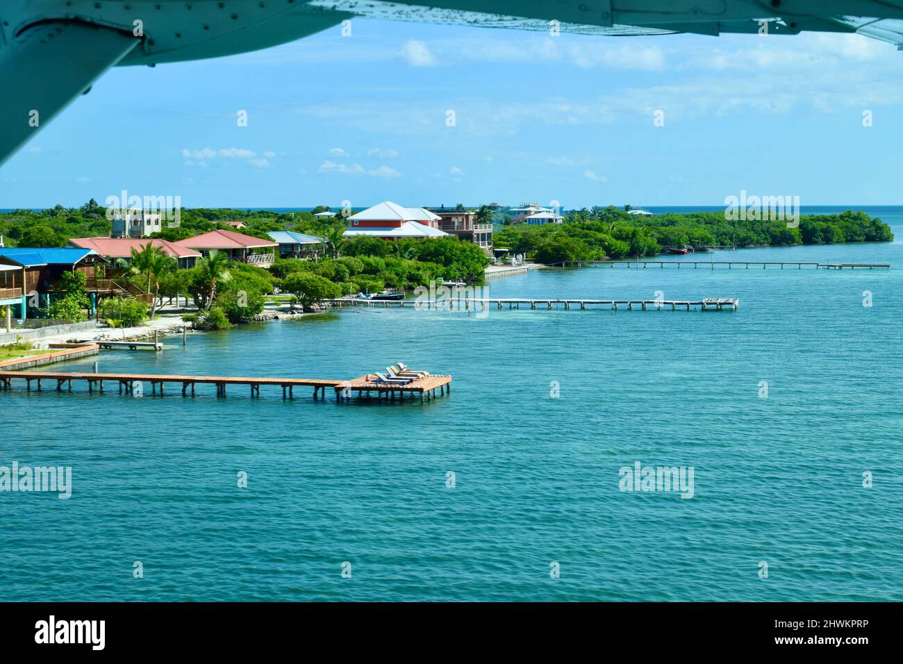 An aerial view of Caye Caulker, Belize as the plane prepares to land