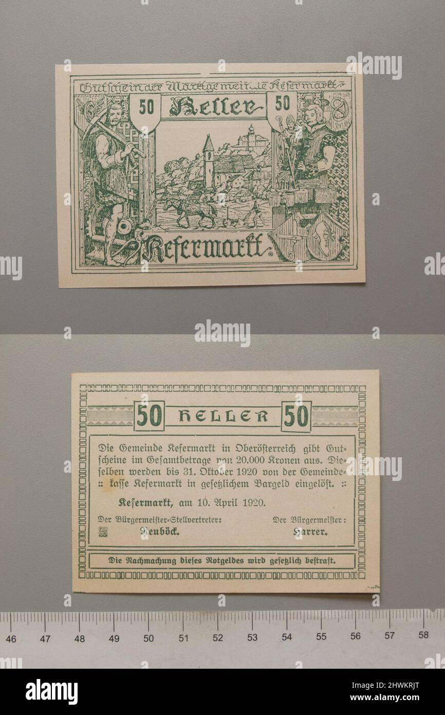 50 Heller from Kefermarkt, Notgeld.  Mint: Kefermarkt, Austrian Stock Photo