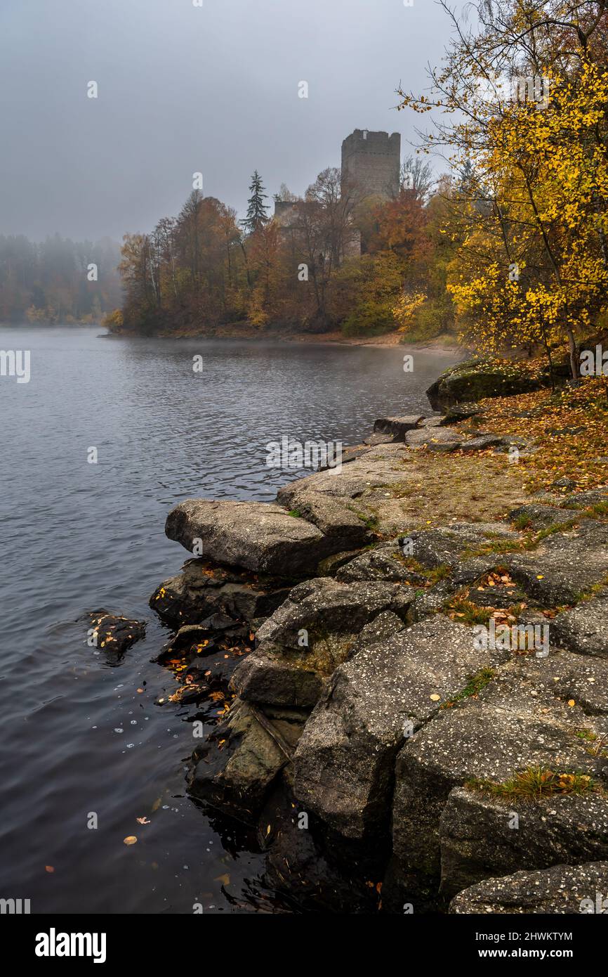 Castle Lichtenfels In Autumnal Landscape With Foggy Lake Ottenstein In Austria Stock Photo