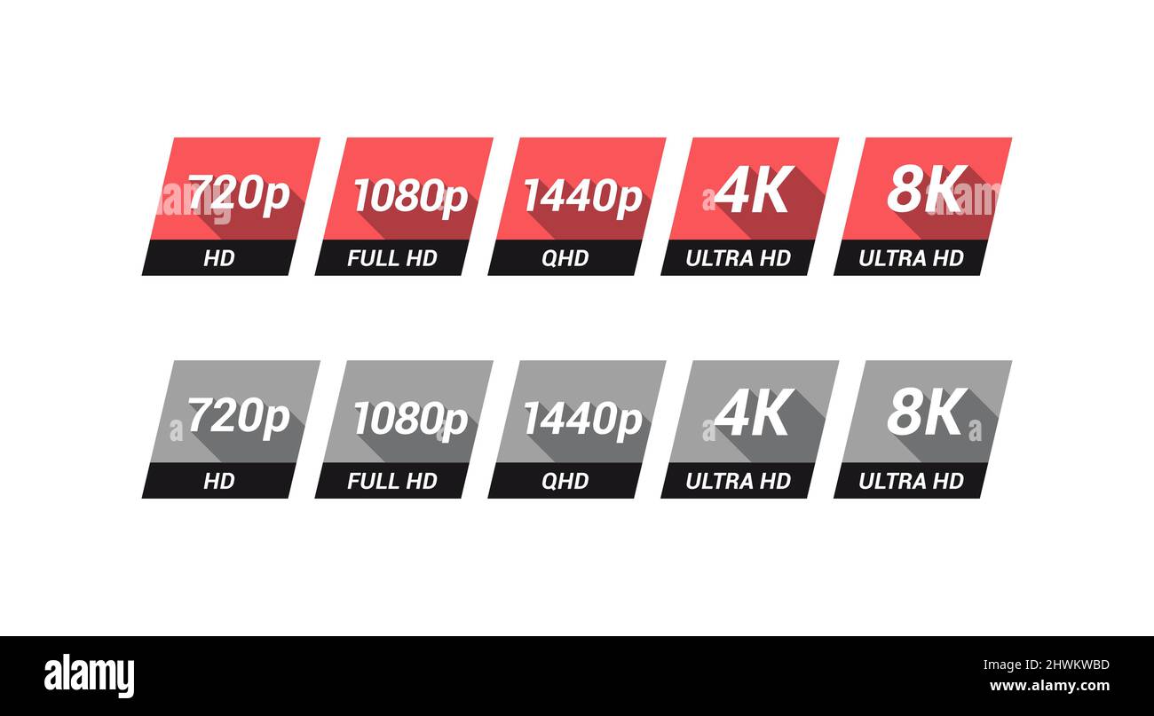 High Definition, Full HD, Quad HD 4K and 8K Monitor Display Long Shadow Label Set Stock Vector
