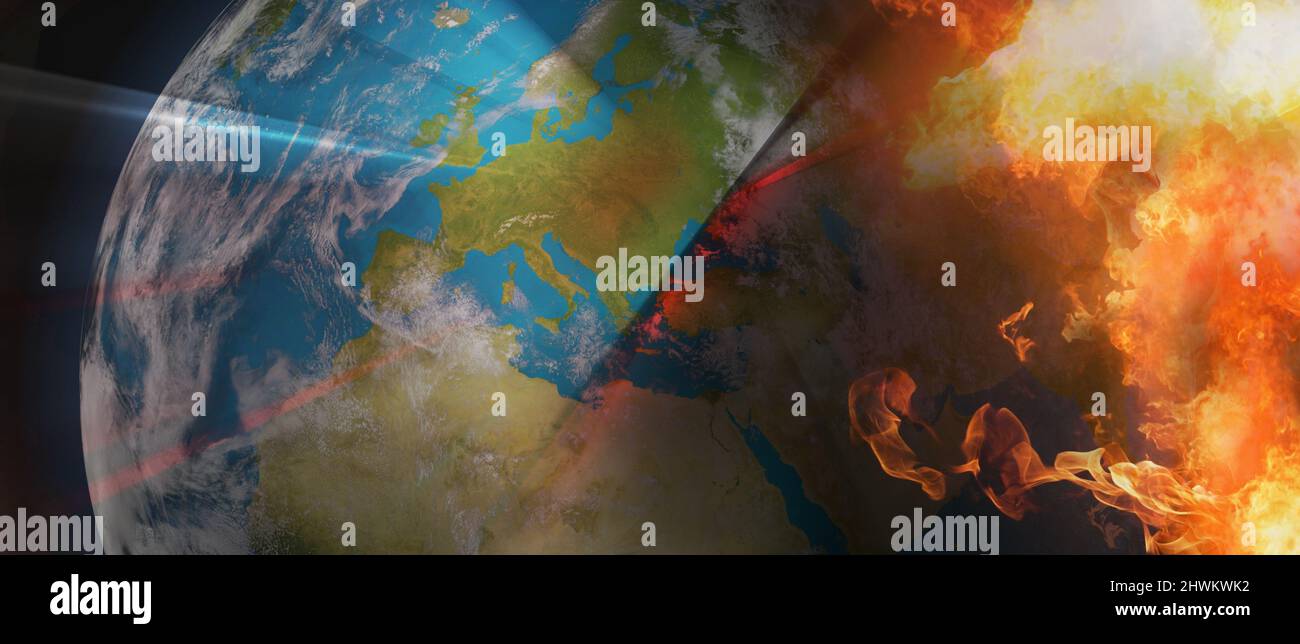 planet earth globe abstract creative with fire and flames focus on East Europe 3d-illustration. elements of this image furnished by NASA Stock Photo