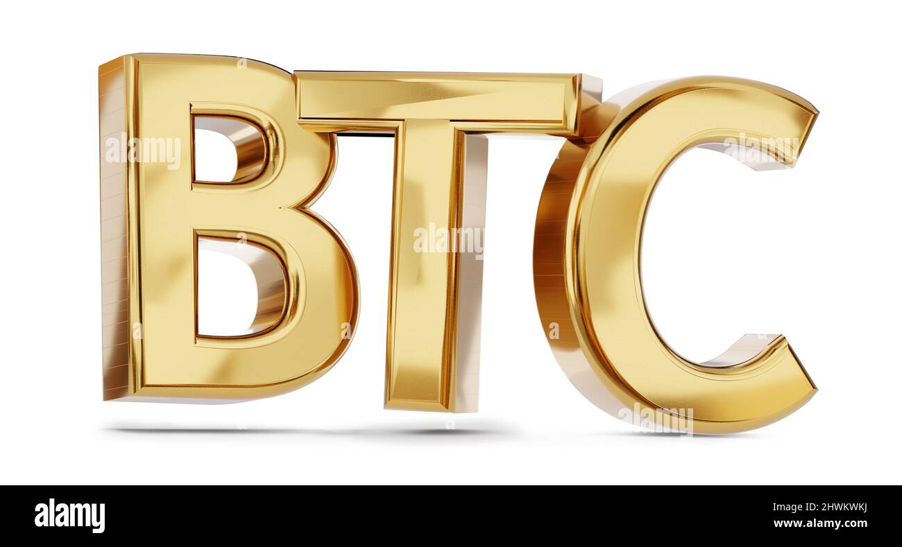 BTC Bitcoin symbol golden bold letters 3d-illustration Stock Photo - Alamy