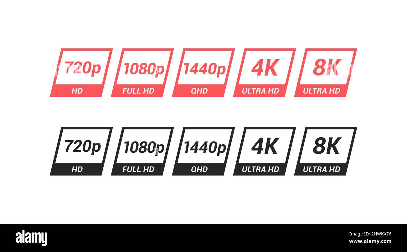 High Definition, Full HD, Quad HD 4K and 8K Monitor Display Label Set Stock Vector