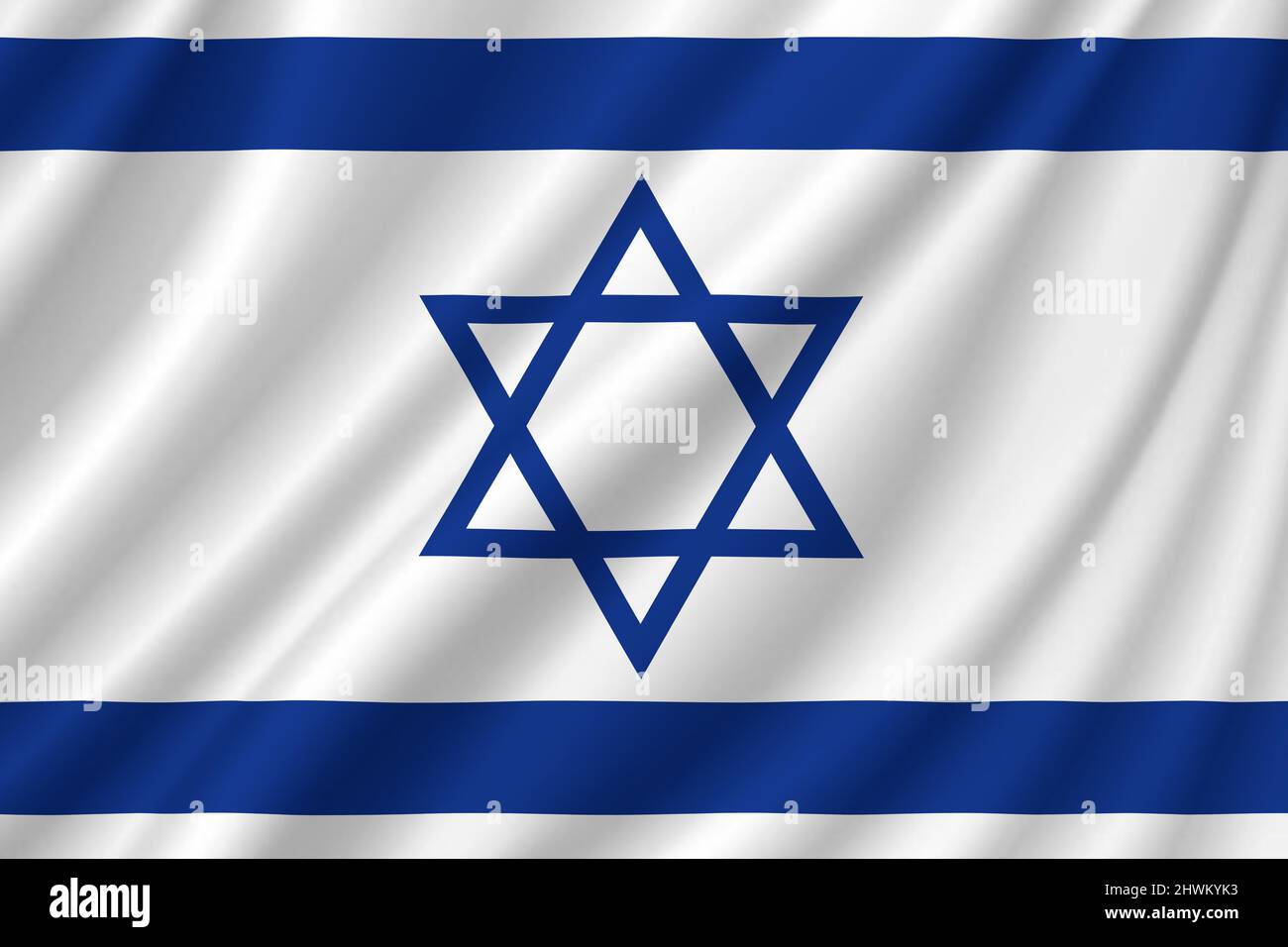 Israel. Illustration of the flag of Israel with ripples. Horizontal design. Illustration. Map. Stock Photo