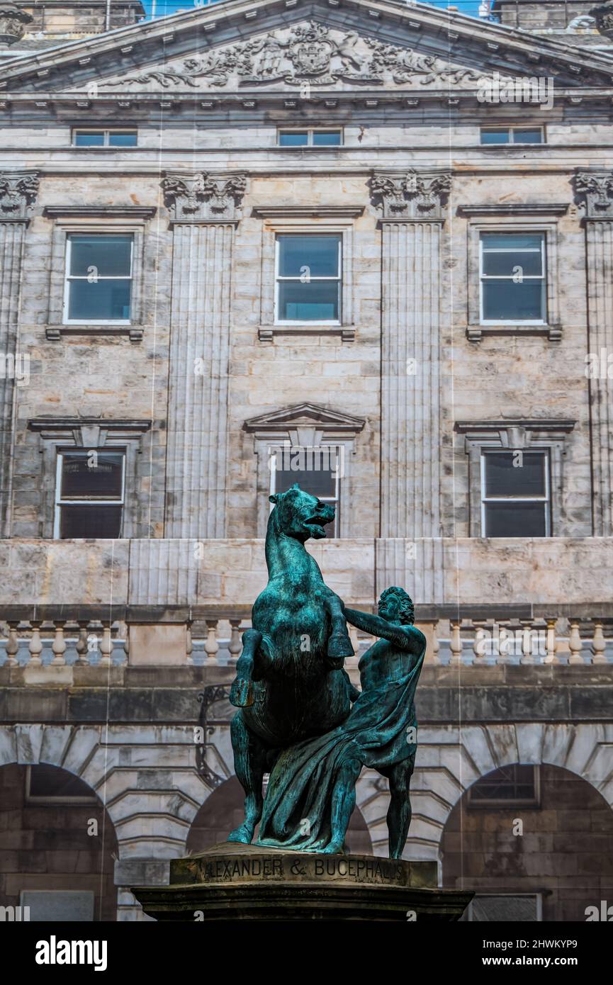 Bronze statue of Alexander the Great & Bucephalus horse outside Edinburgh City Chambers, Royal Mile, Scotland, UK Stock Photo