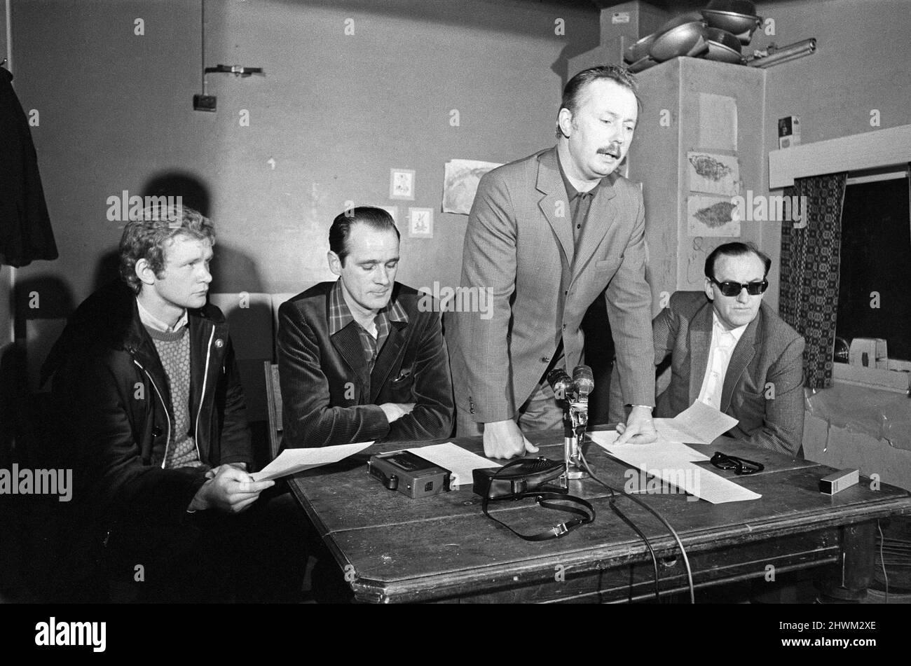 IRA Provisionals press conference. Left to right, Martin McGuinness, the officer in charge of the Provisional IRA in Londonderry, David O'Connell, tactician officer of the IRA Provisionals, Sean MacStiofain, the IRA Provisionals Chief of staff and Seamus Twomey, officer in charge of the IRA Provisionals in Belfast. 1st June 1972. Stock Photo