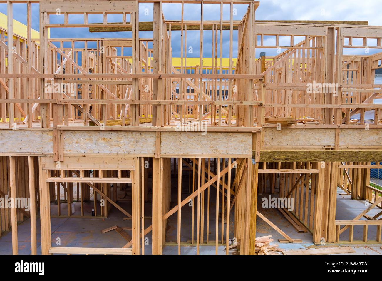 Aerial view the construction wood framing beams of a new house under construction Stock Photo