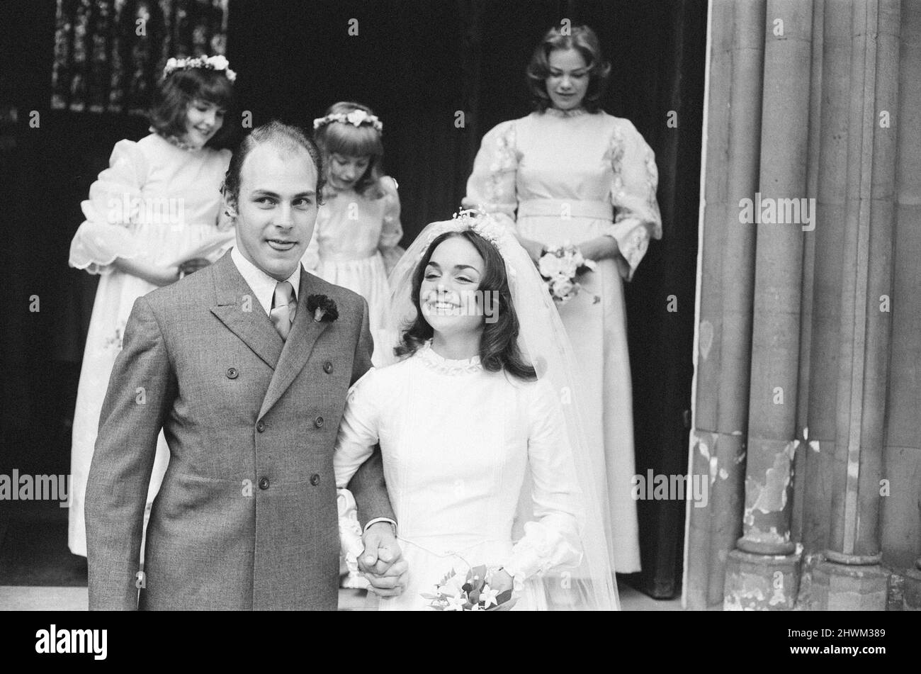Wedding of Julie Parker and Timothy Buxton, at the Church of the Immaculate Conception, Farm Street, London, 14th June 1972. Our Picture Shows ... bride and groom.  Julie Parker 22 is the daughter of Commander Michael Parker, a friend and former Private Secretary to Prince Philip, The Duke of Edinburgh, who is the god father of Julie Parker.   Timothy Buxton is the son of naturalist and television executive Aubrey Buxton, Baron Buxton of Alsa, and an old friend of Prince Philip. Stock Photo