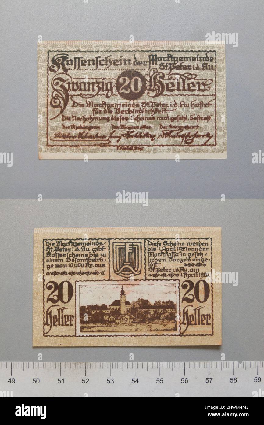 20 Heller from St. Peter in der Au, Notgeld.  Artist: Unknown Stock Photo