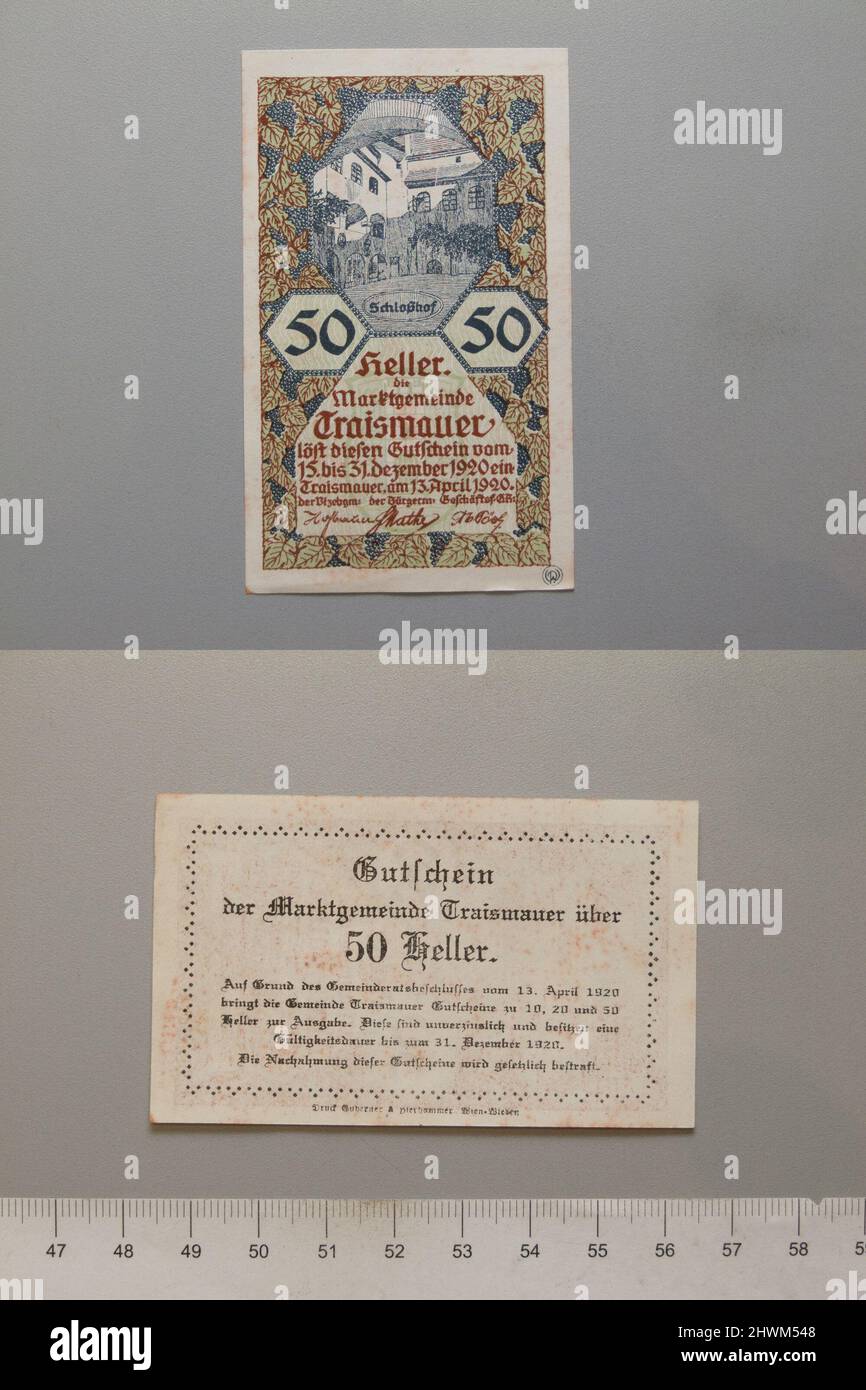 50 Heller from Traismauer, Notgeld.  Mint: Traismauer Stock Photo