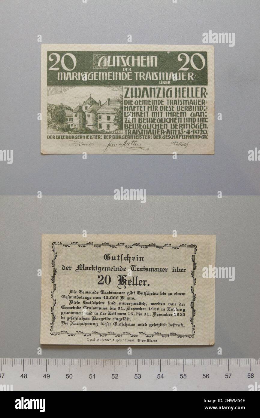 20 Heller from Traismauer, Notgeld.  Mint: Traismauer Stock Photo