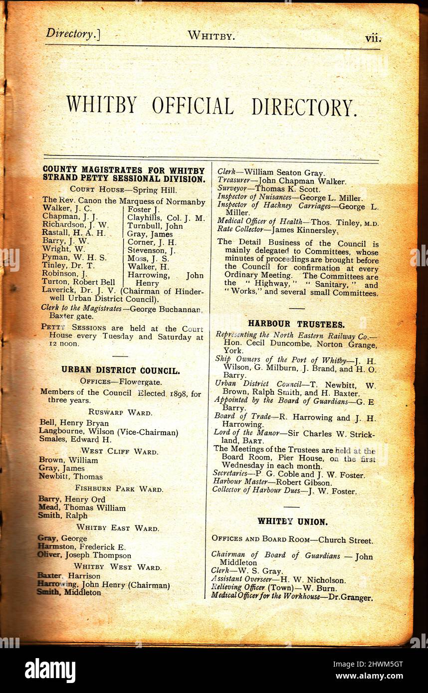 during the 19th and early 20th century, town directories were printed for virtually every area of Britain. The typically gave details of all residents (including businesses) and their addresses and included lists of magistrates, councillors,  doctors and other officials; as in this  page from the Whitby, Yorkshire example from 1898. Publishers included the Post Office, Slater's, Kelley's, White's, Ibbetson's, Lund's , city and town councils, newspapers and many others Stock Photo