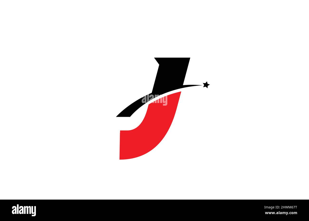 J red black alphabet letter logo icon design with swoosh and star ...