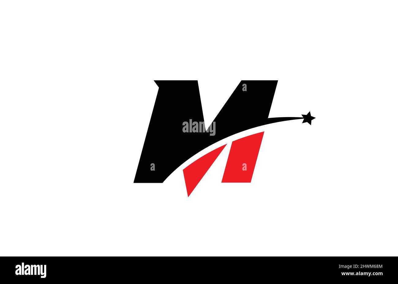 M red black alphabet letter logo icon design with swoosh and star ...
