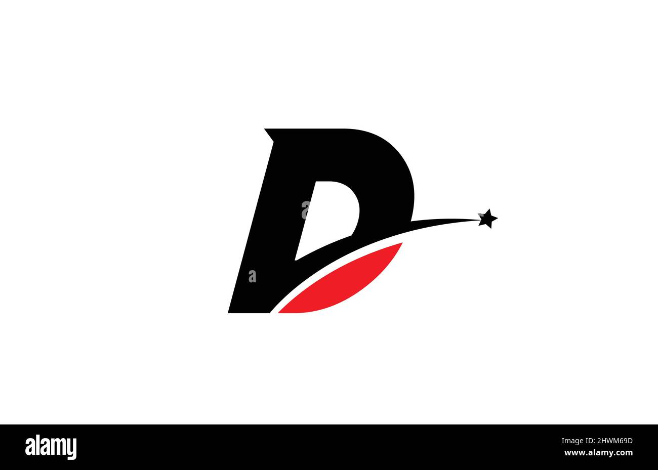 D red black alphabet letter logo icon design with swoosh and star