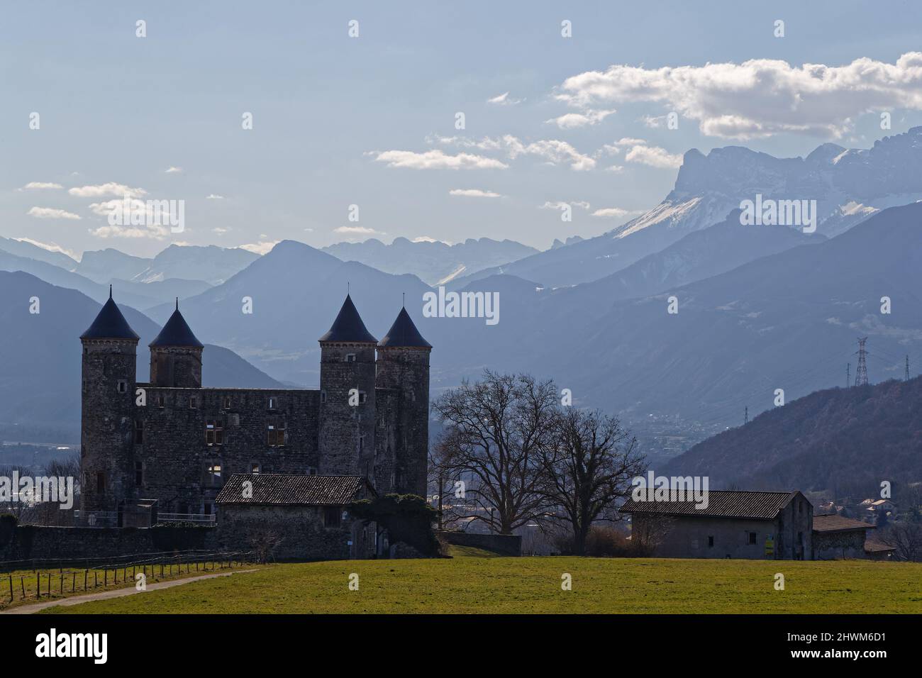 JARRIE, FRANCE, February 27, 2022 : Castle of Bon Repos is a former strong house of XV century inscripted as Historic Monuments. Here with Vercors mou Stock Photo