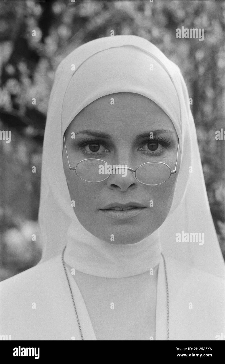 Raquel Welch pictured on set, in Hungary filming her new movie 'Bluebeard'.  Ms Welch plays Sister Magdalena, a novice nun.   The film also stars Richard Burton  Bluebeard is a 1972 film directed by Edward Dmytryk. It stars Richard Burton, Raquel Welch, Joey Heatherton and Sybil Danning. Set in Austria in the 1930s, Bluebeard is a World War I pilot with a reputation as a 'ladykiller' and a frightening blue tinged beard.   Picture taken 19th March 1972 Stock Photo