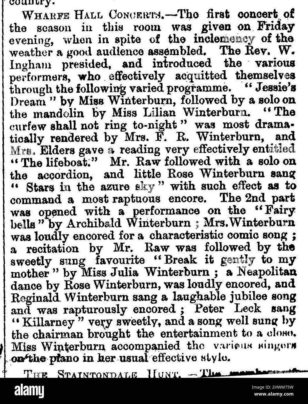 VICTORIAN CONCERT HALL GATHERING. 1800s, entertainment 1890 - A newspaper report of the activities that served as self-made entertainment in small towns during 1890. This report from a local newspaper in Whitby, Yorkshire, UK , provides a valuable insight into local and family history research  as it gives details of the recitals, and  the names  (mostly from the Winterburn family) of those who gave them. Stock Photo