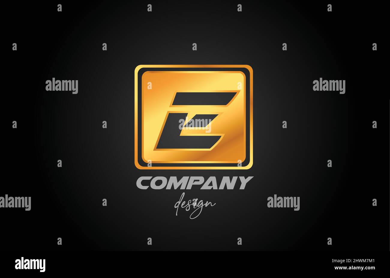 E gold golden metal alphabet letter logo icon with square design ...